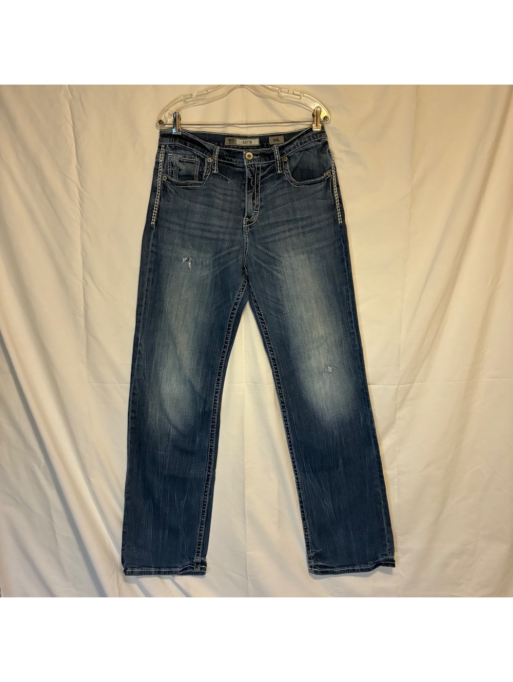 BKE Seth Mens Relaxed Straight Leg Jeans 34L Medium Wash Distressed Embroidered